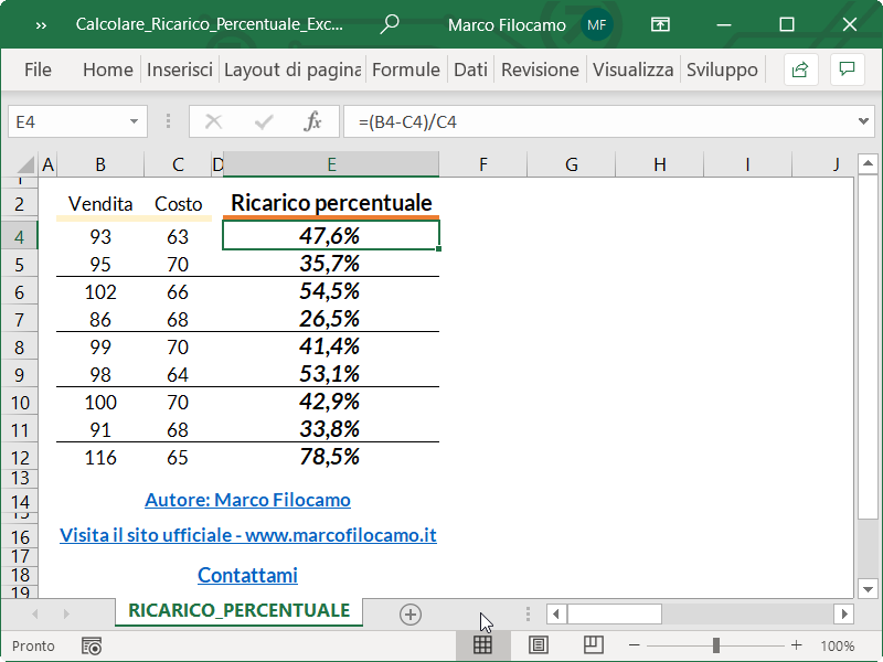 Microsoft_Excel_Calcolare_Ricarico_Percentuale