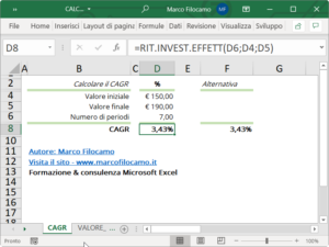 Schermata per calcolare il CAGR su Excel utilizzando la funzione RIT.INVEST.EFFETT