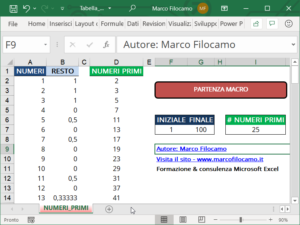 Schermata Microsoft Excel Tabella Numeri Primi Recap