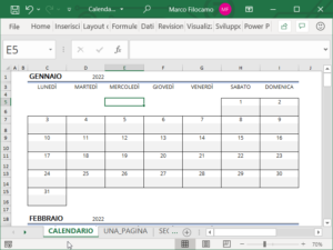 Schermata template calendario Microsoft Excel 2022