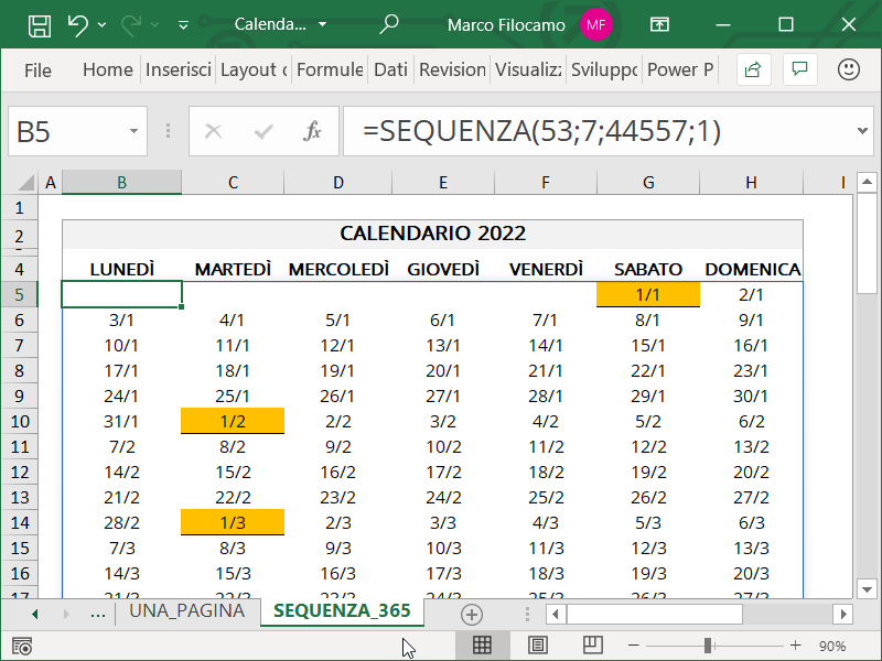 Schermata Excel Calendario 2022 Una Pagina con funzione SEQUENZA