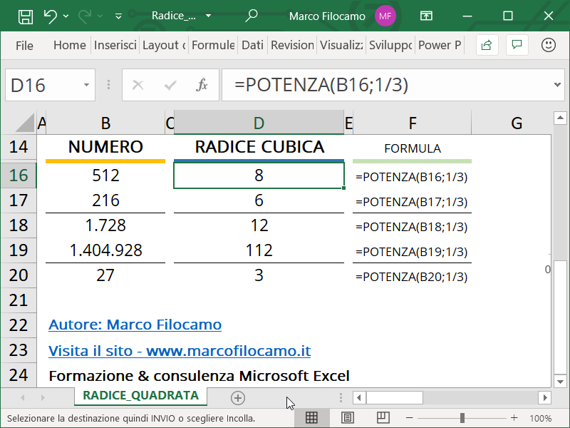 Schermata Microsoft Excel formula radice cubica