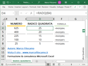 Schermata Microsoft Excel calcolo radice quadrata