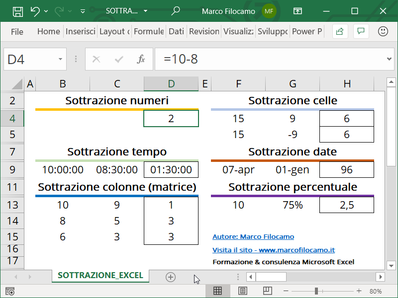 Schermata Excel sottrazione numeri