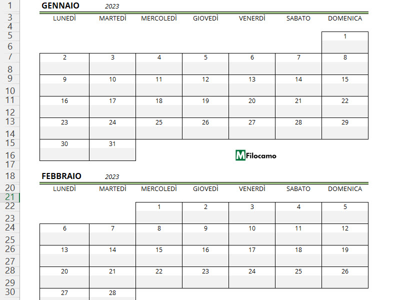 Calendario Excel 2023