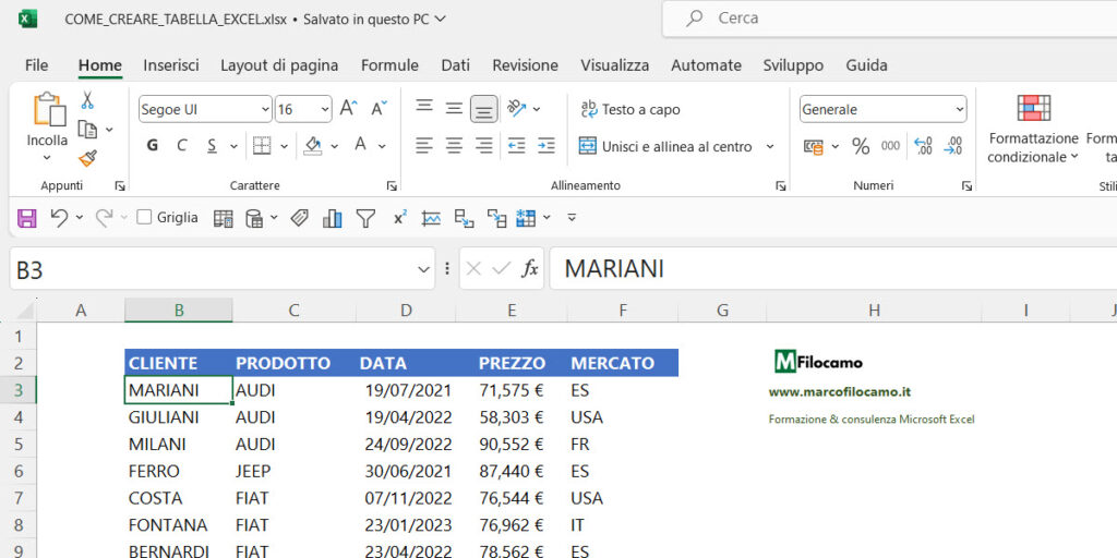 COME_CREARE_TABELLA_EXCEL_MICROSOFT_EXCEL_MARCOFILOCAMO_BASE_NON_TABELLA