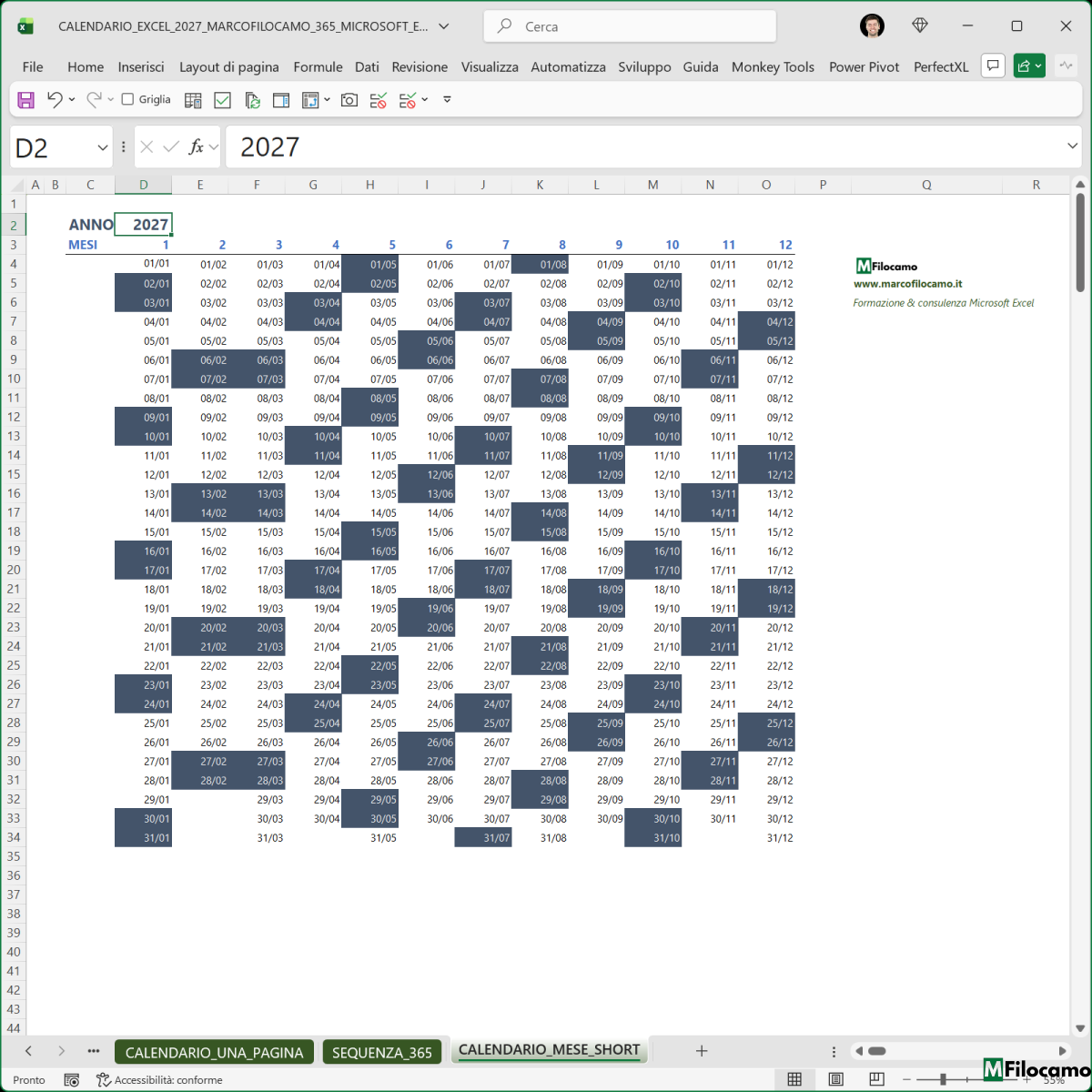 CALENDARIO EXCEL 2027 MICROSOFT EXCEL MARCOFILOCAMO MENSILE VERSIONE SEMPLIFICATA