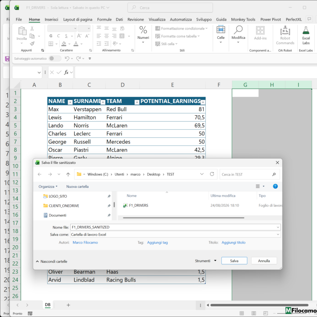 COME ANONIMIZZARE DATI MICROSOFT EXCEL MARCOFILOCAMO SCELTA NOME FILE POSIZIONE