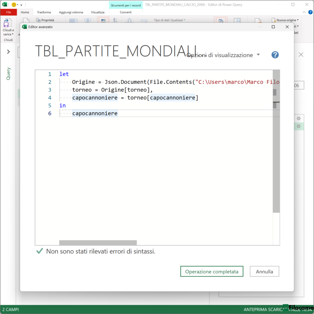 COME IMPORTARE JSON POWER QUERY MICROSOFT EXCEL MARCOFILOCAMO CODICE GENERATO