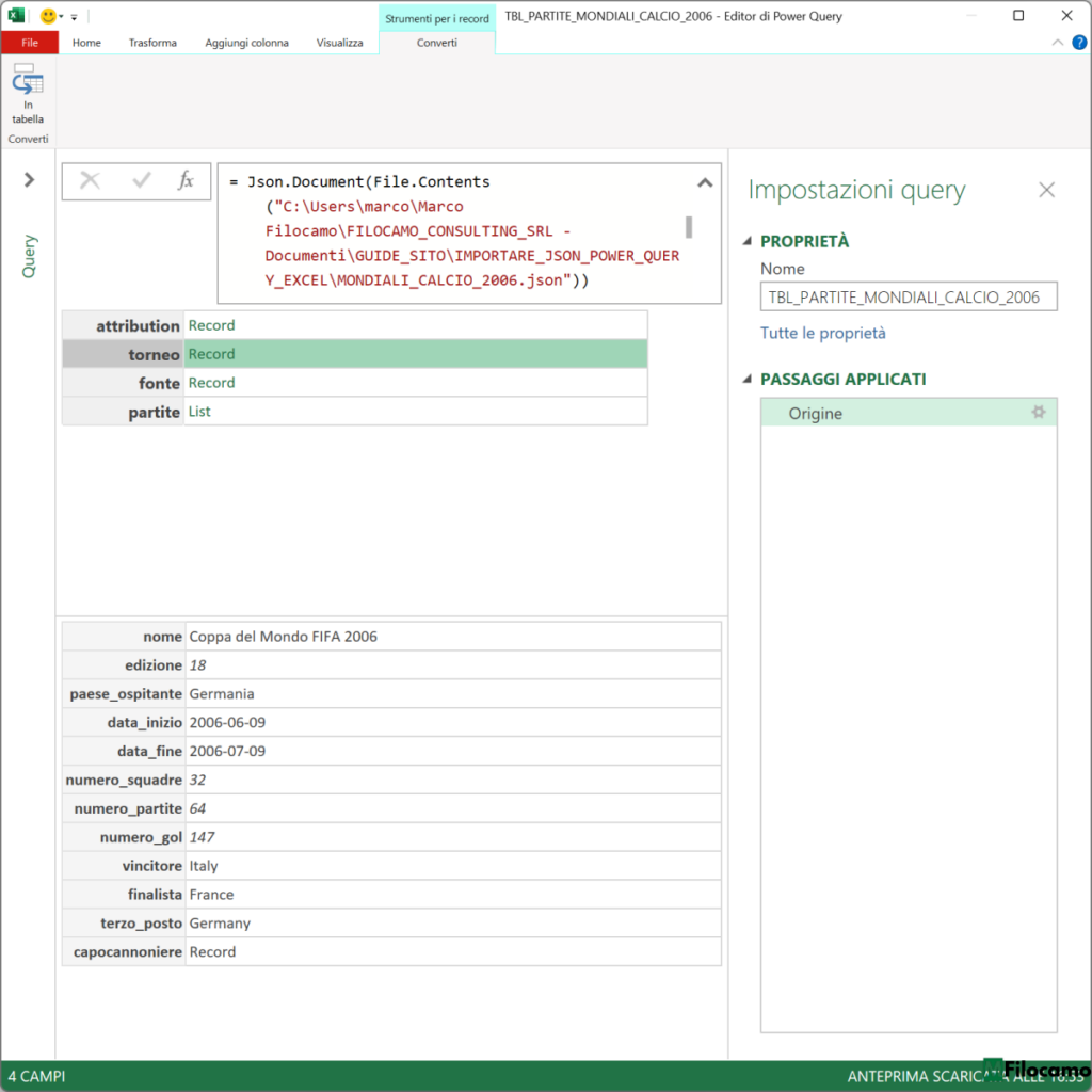 COME IMPORTARE JSON POWER QUERY MICROSOFT EXCEL MARCOFILOCAMO ESEMPIO RECORD TORNEO