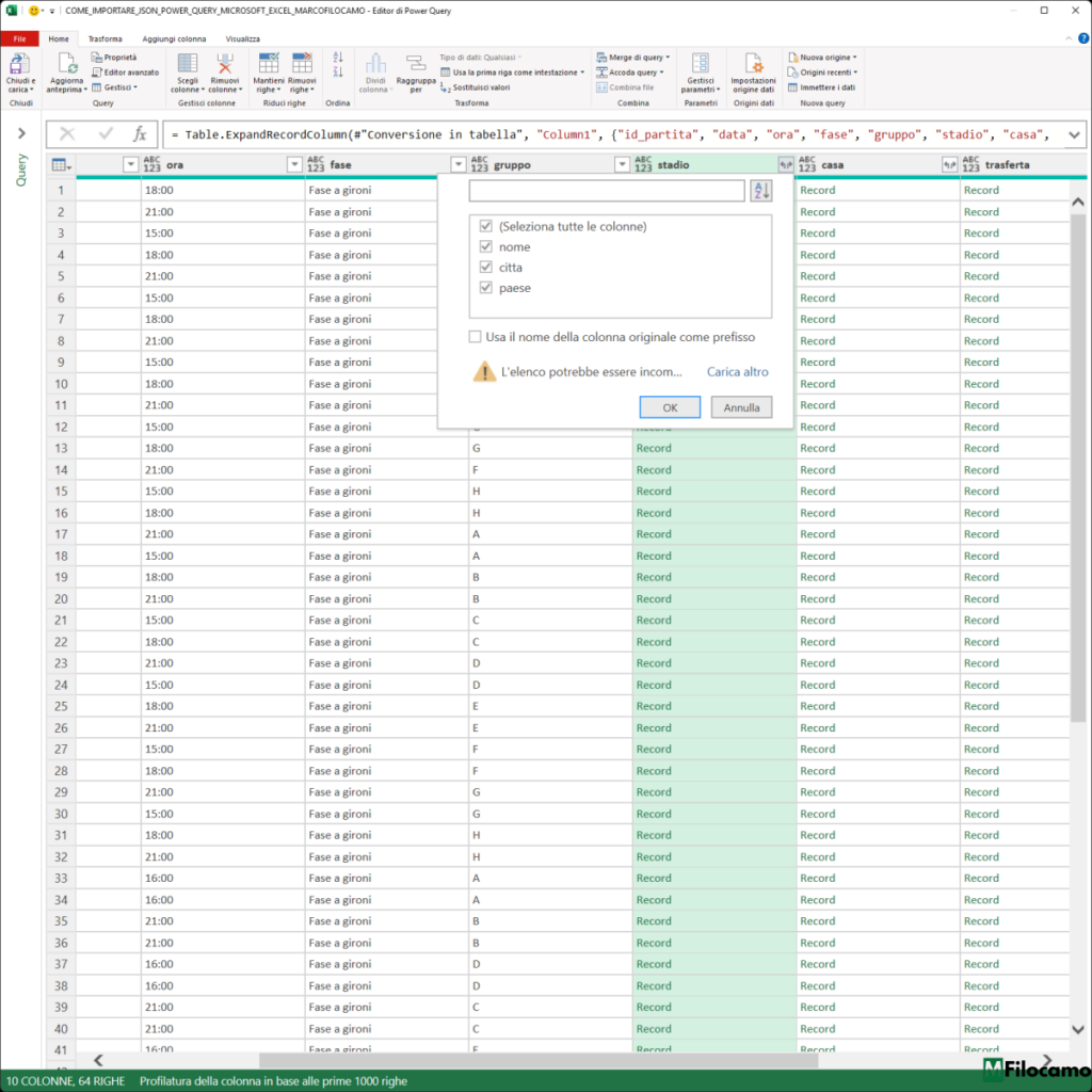 COME IMPORTARE JSON POWER QUERY MICROSOFT EXCEL MARCOFILOCAMO ESPANDERE STADIO