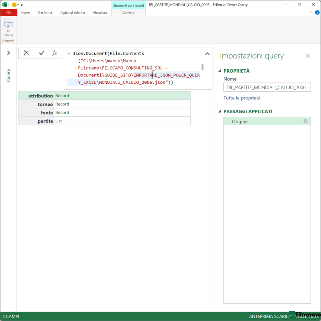COME IMPORTARE JSON POWER QUERY MICROSOFT EXCEL MARCOFILOCAMO SCELTA PERCORSO