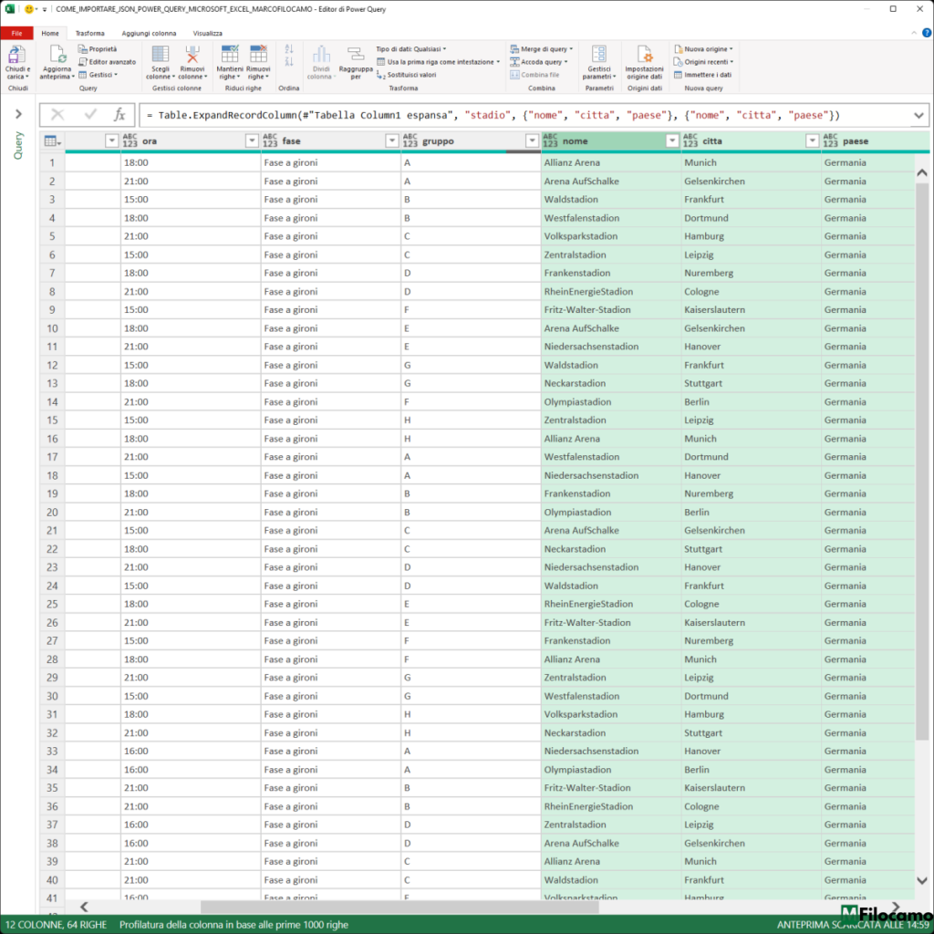 COME IMPORTARE JSON POWER QUERY MICROSOFT EXCEL MARCOFILOCAMO STADIO ESPANSO