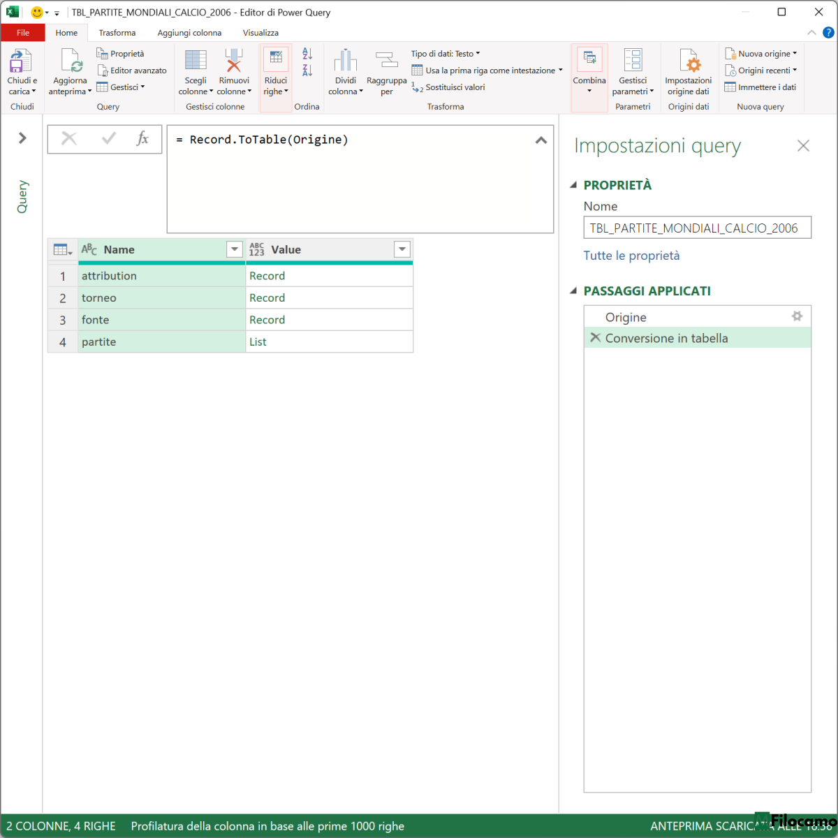 Dati JSON trasformati in una tabella Excel